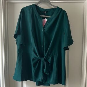 Plus Size BloomChic Green Short Sleeve Button Down Blouse